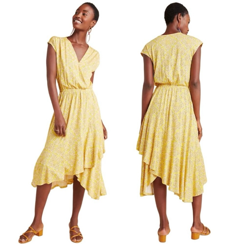 Anthropologie Maeve Fete Yellow Print Faux Wrap Dress